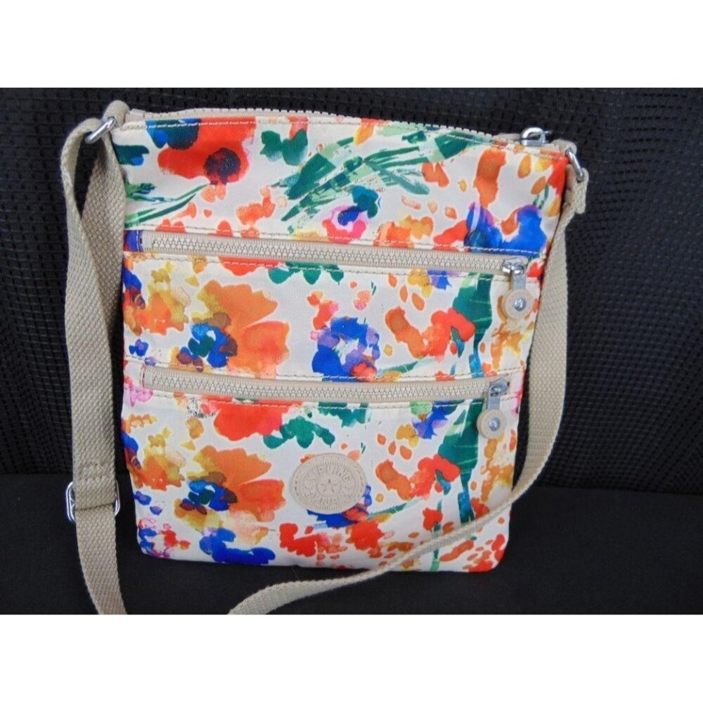 Kipling Keiko Floral Night Natural Crossbody Bag Purse 3 Zip Compartments Travel